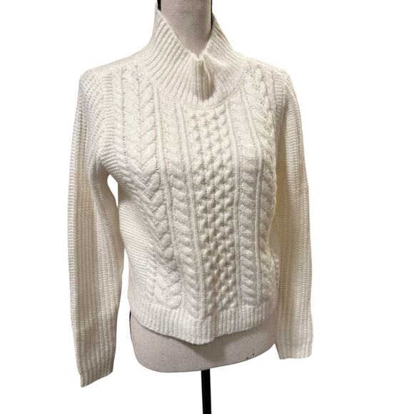 Loft Cable chunky Knit Cropped Sweater Nylon Acrylic Wool Mock Neck White S NWT - Picture 2 of 9